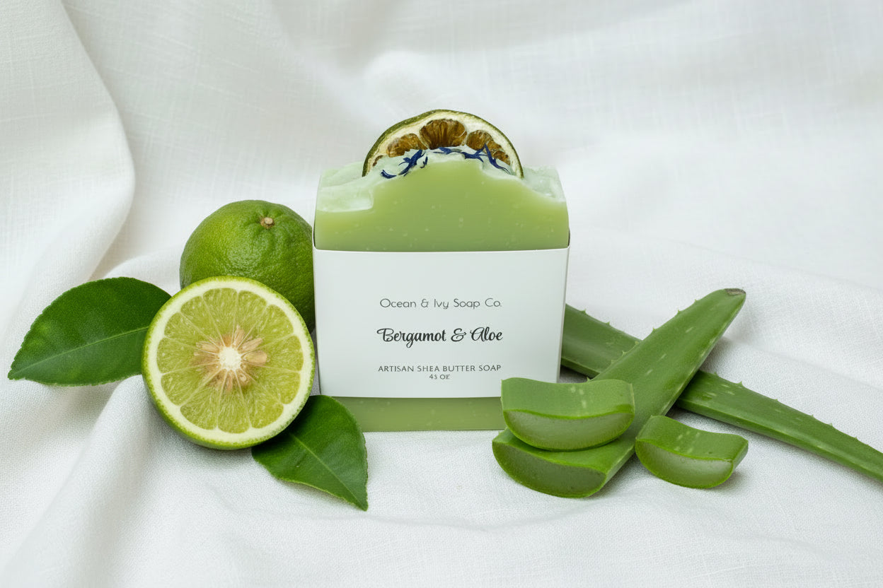 Green soap bar with a slice of lemon on top, branded 'Ocean & Ivy Soap Co'.
