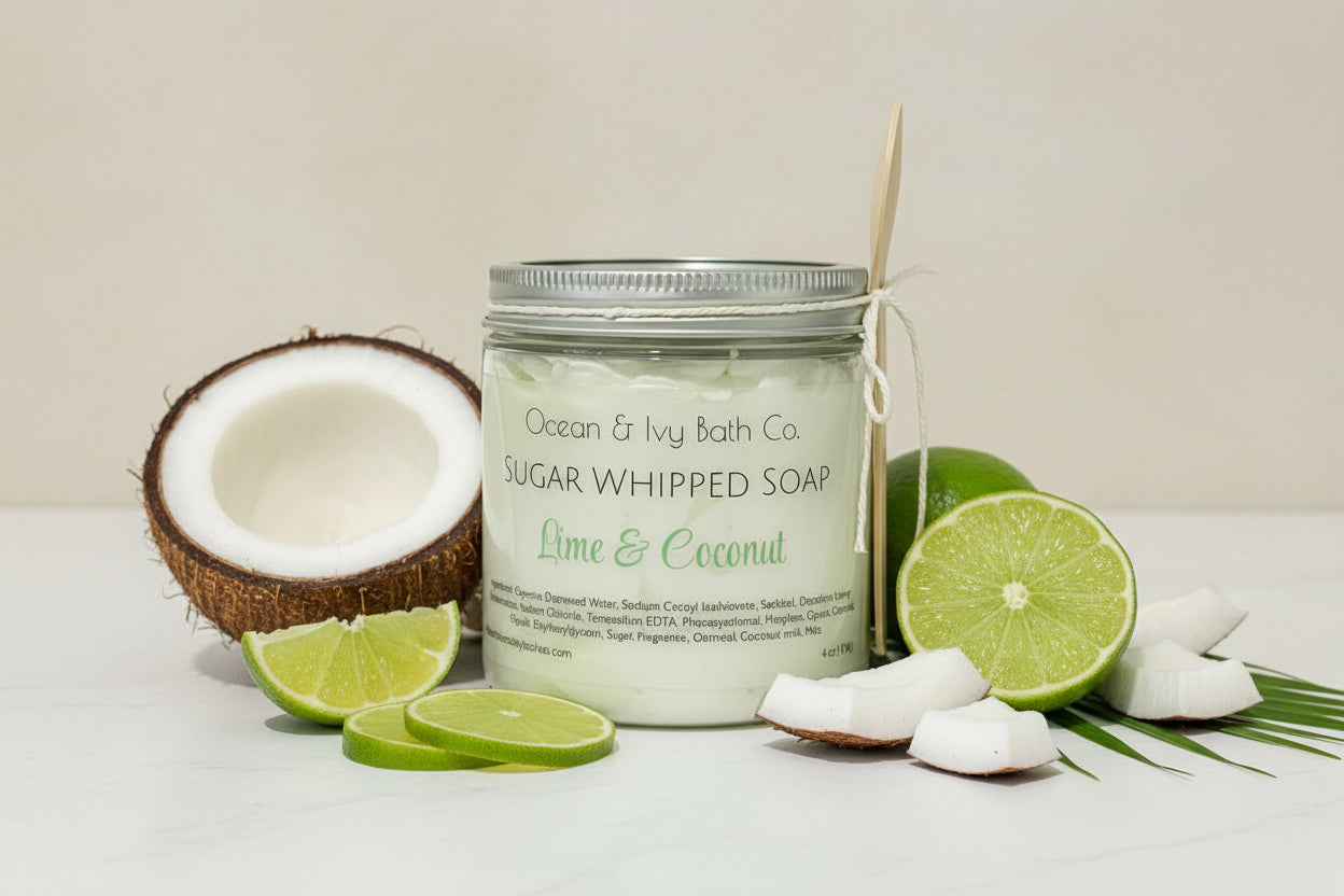 A jar of Lime & Coconut Sugar Whipped Soap with a wooden spoon for scooping, placed on a wooden surface.