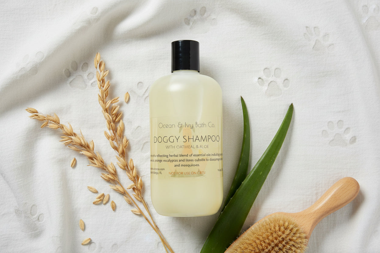 Bottle of doggy shampoo on a white background