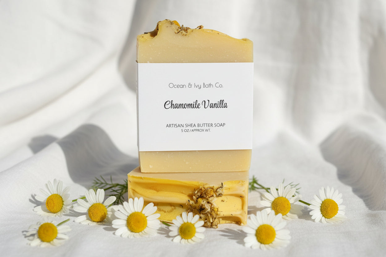 Yellow soap bar with a white label on a white background
