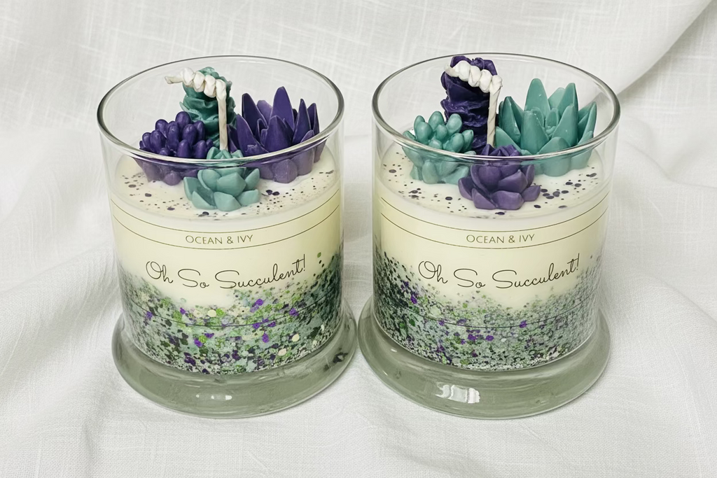 Two clear glass candles with a green and purple decorative wax layer on top, labeled 'Oh So Succulent!' by Ocean & Ivy.