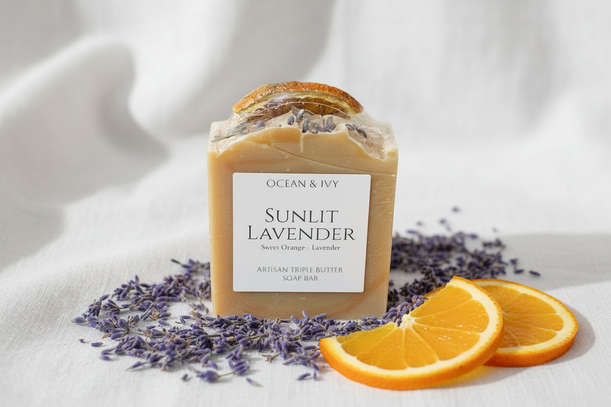 Bar of soap with a label reading 'Sunlit Lavender' by Ocean & Ivy Essentials on a white background.